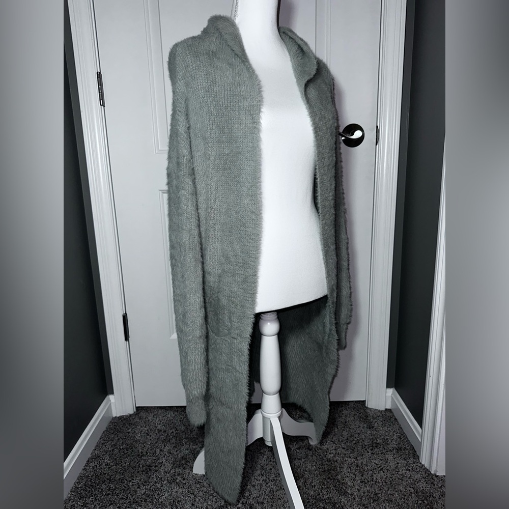 Be Clever Plush Hooded Cardigan Duster Cozy Heavy Knit Gray